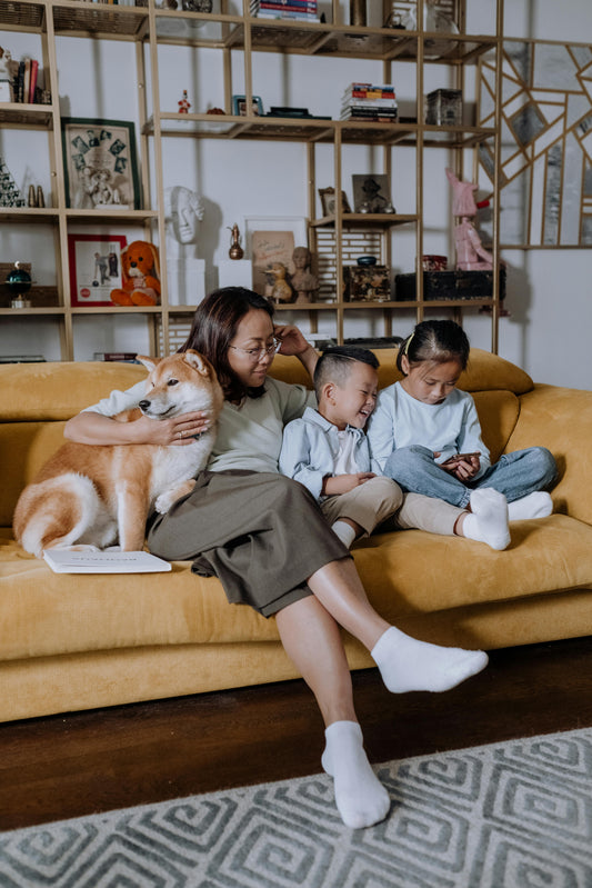 A mother sitting on the couch with her kids and their dog. Photo by cottonbro studio.